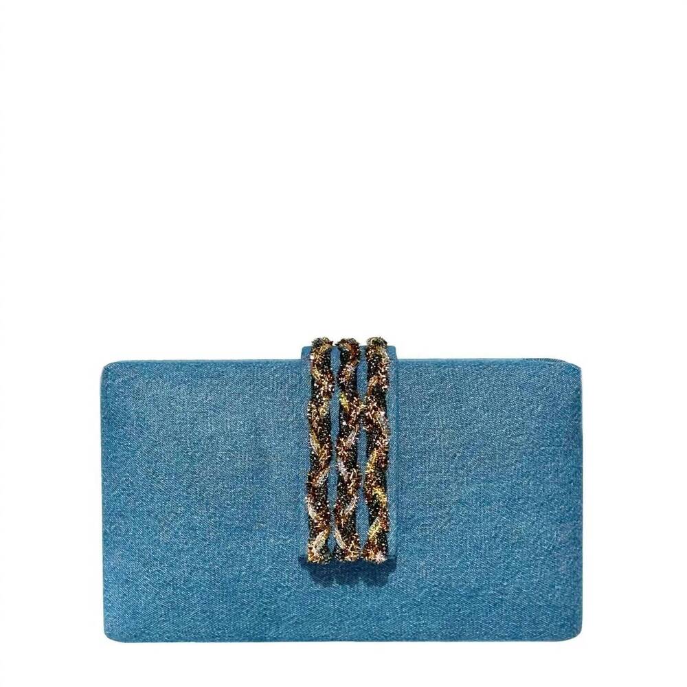 NEW SIMITRI women's braided fringe clutch in denim